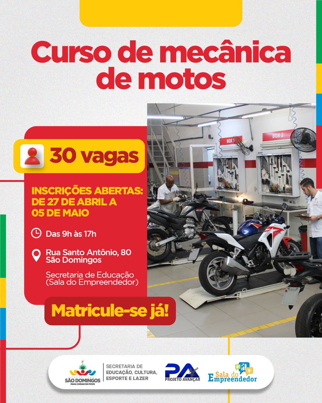 PREFEITURA OFERECE 30 VAGAS GRATUITAS PARA CURSO DE MECÂNICA DE MOTOS